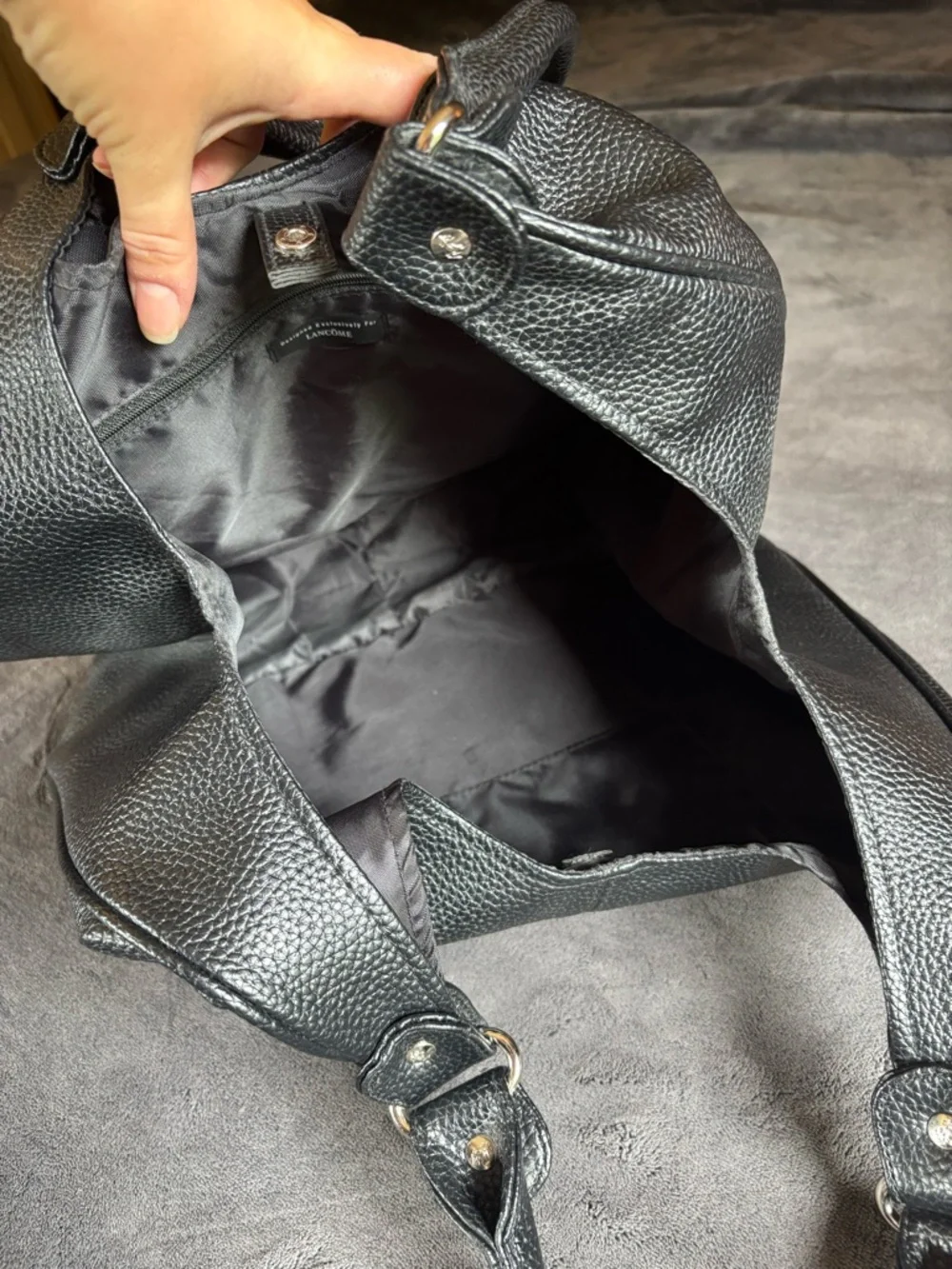 Lancôme Black Hobo Shoulder Bag Purse, Pebbled Leather, Silver Hardware